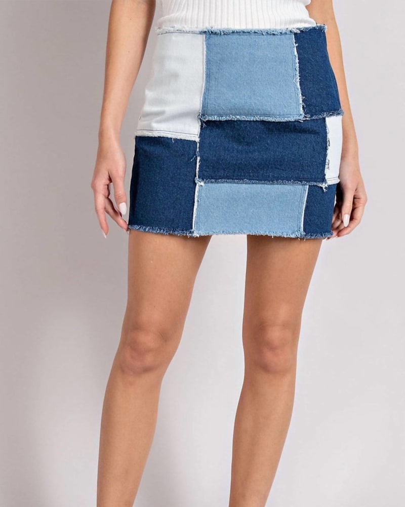 Front of a model wearing a size Large Retro Patchwork Color Block Mini Skirt In Mineral Washed Denim in Mineral Washed Denim by ee:some. | dia_product_style_image_id:359169